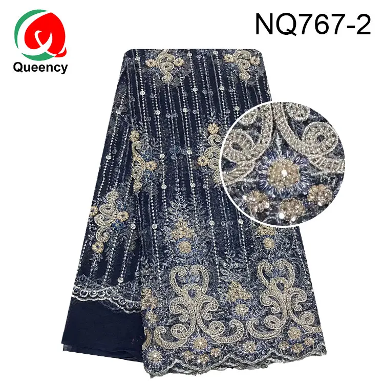Queency New special hand made beads and stones french lace fabric for wedding and party bridal dress