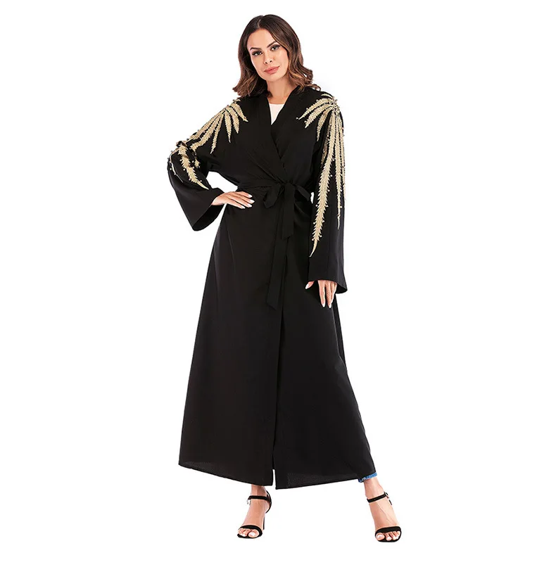 Quality in Stock Arabic Islamic Clothing Embroidery Big Free Size Front Closed Black Abaya
