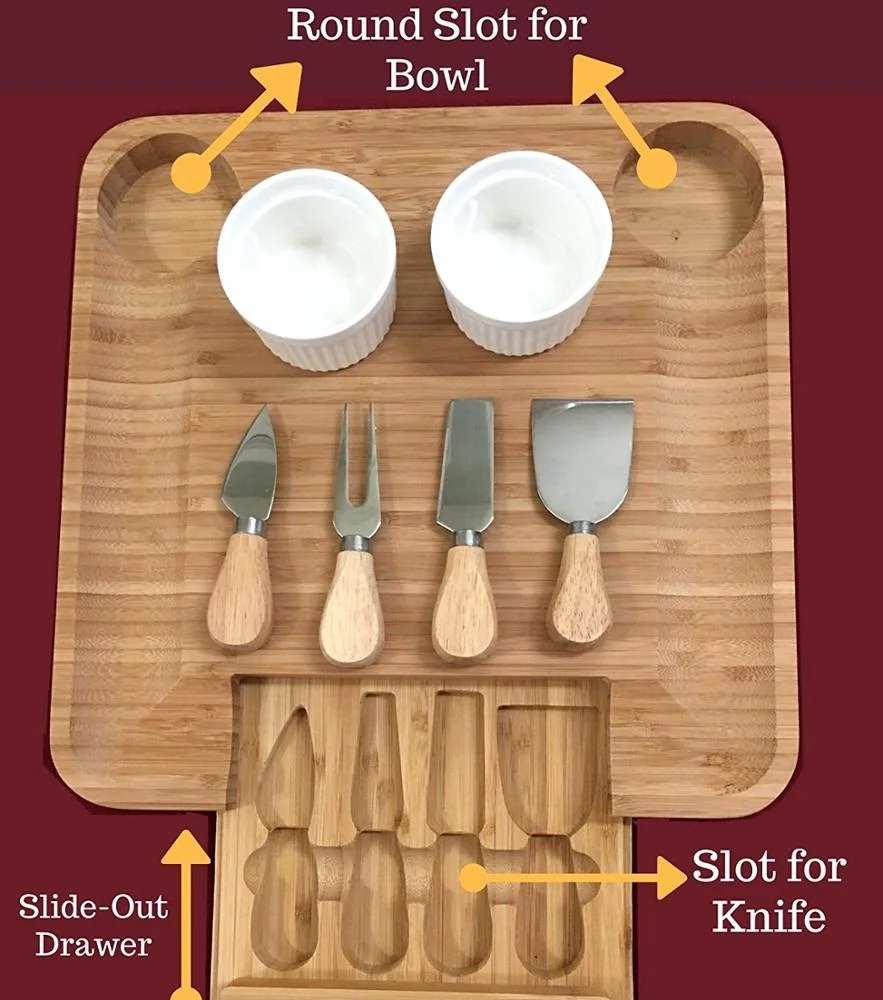 Cheese Board and Knife Set w/2 Bowl  Bamboo Charcuterie Platter & Serving Tray for Cheese,Wine, Crackers, Brie and Meat