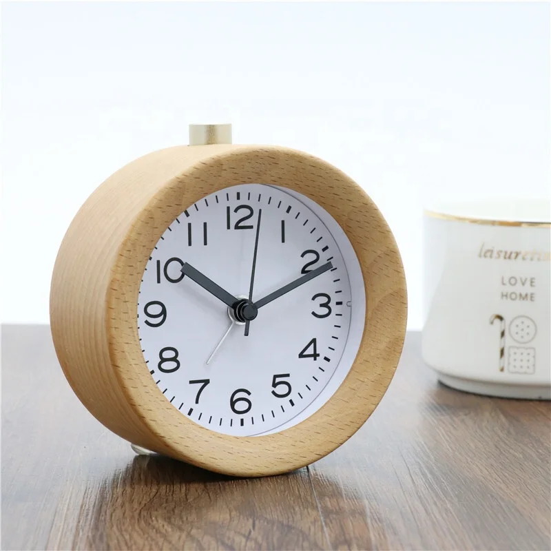 KH-WC022 Creative Small Round Classic Wood Silent Desk Travel Alarm Clock With Nightlight