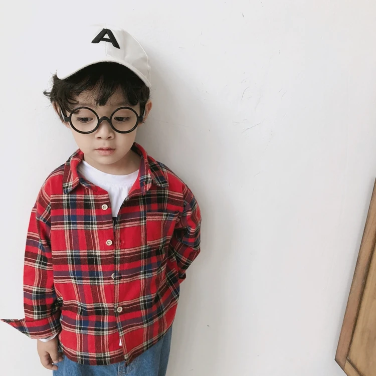 Дешевые красные рубашки в шотландскую клетку с длинными рукавами для маленьких мальчиков Модная клетчатая футболка для мальчиков