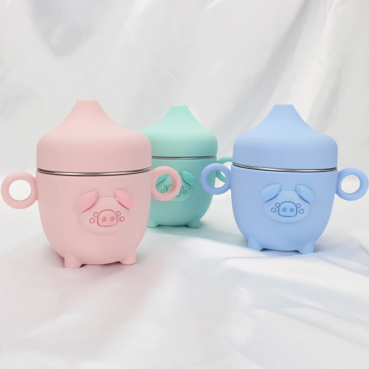 Children tableware cartoon mouth cup baby pig silicone 304 stainless steel Korean water cup with handle lid