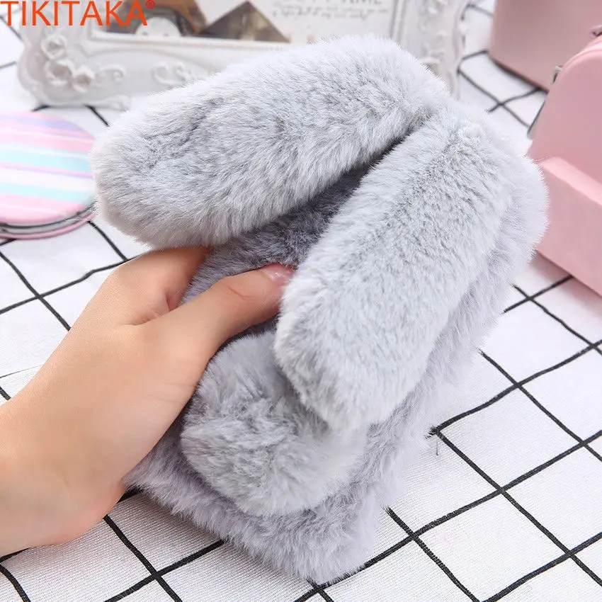 Winter Warm fluffy Bunny rabbit fur long ears tail sot tpu silicone Phone Cover case For iPhone 6s 7 8 Plus Xs 11 pro max xr