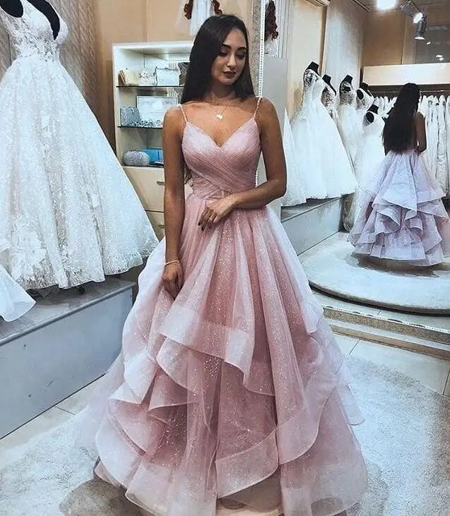 A-Line Ruffles Skirt Tube Top Pink Fairy Princess Indian Prom Dresses