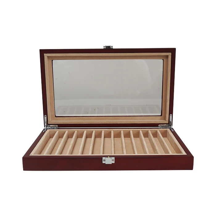 High end woodgrained wooden pen case suede interior ballpoint pen packaging wooden box for cigarette storage with acrylic window