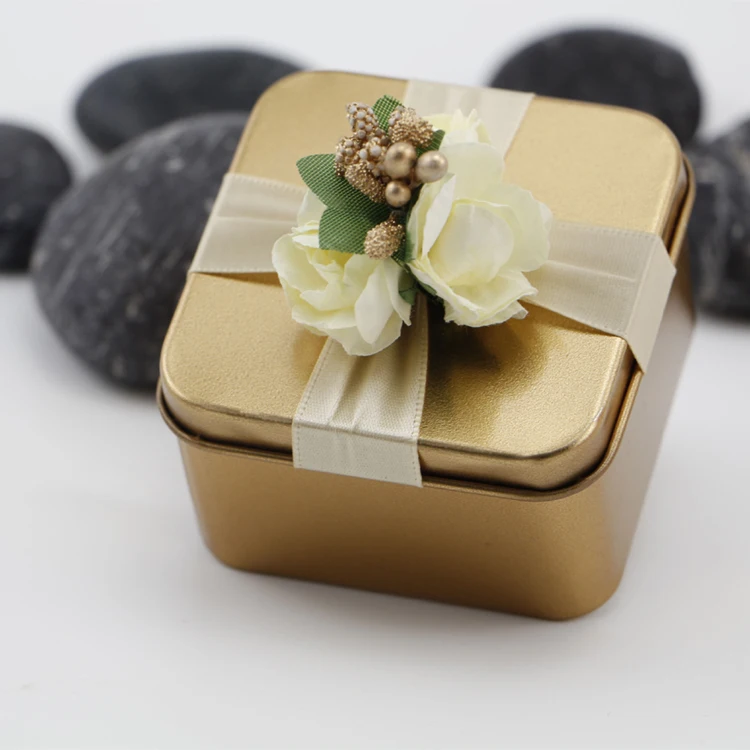 
China Hot Sale Small Metal Square Tin with Ribbon Storage Candy Box Tea Gift Tin 