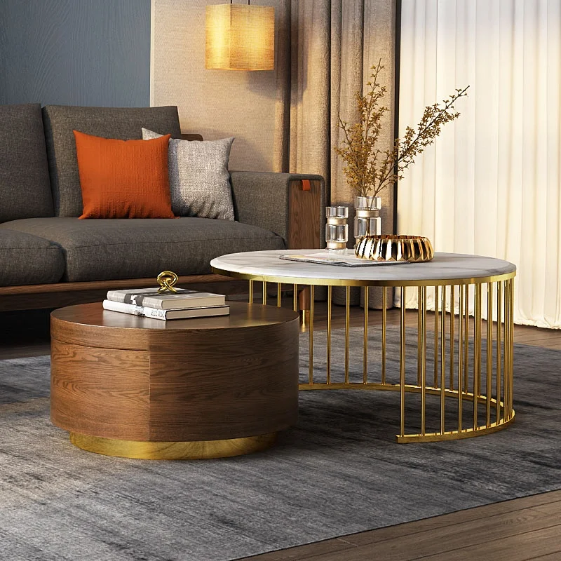 Marble top Solid wood coffee tables metal gold  Round Shape Living Room Furniture Tea Table  with storage Factory Wholesale