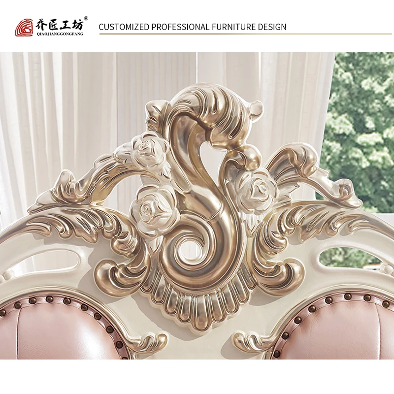 European furniture set bedroom bed solid wood carved upholstered bed