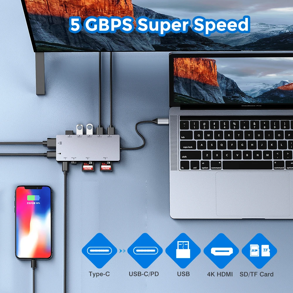 11 в 1 многопортовый Тип C hub адаптер питания к HD MI, USB 3,0, SDXC/TF кардридер