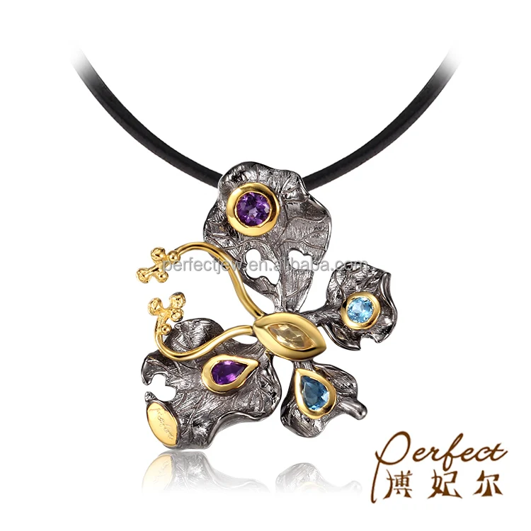 Бабочка Дизайн черный покрытием стерлингового серебра 925 кулон с голубым топазом