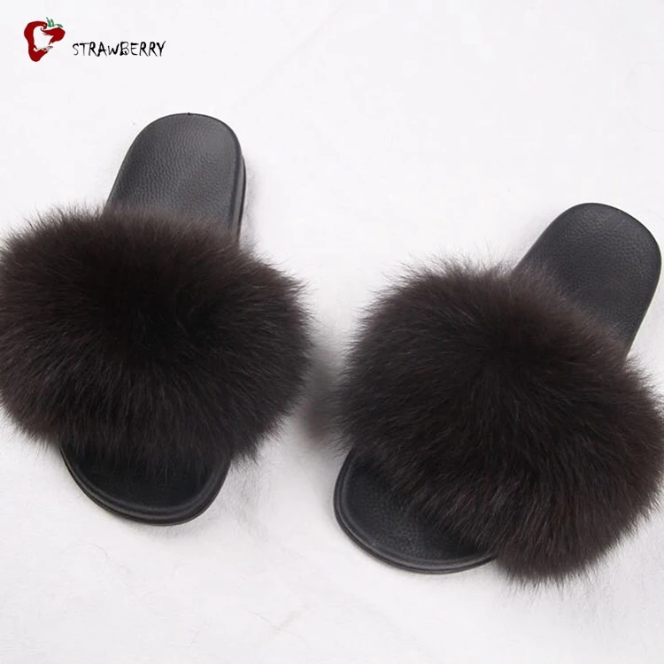 Пользовательские печати лисий мех домашние шлепанцы в виде смайликов черный мех тапочки Pantoufle Fourrure