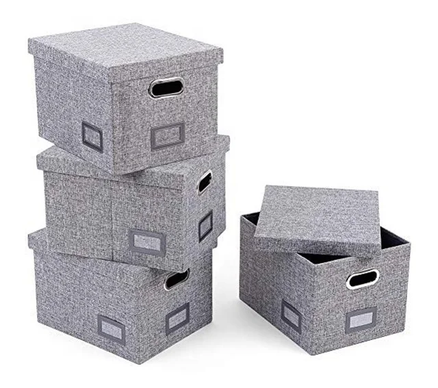 New Design Grey Foldable Book Storage Box Wih Metal Handles Lid Collapsible File Storage Box