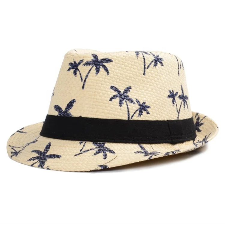 Wholesale Summer Straw Hats Panama Hat Coconut Tree printed pattern Jazz Caps Casual Beach Cap fedora Hat For Adult Child