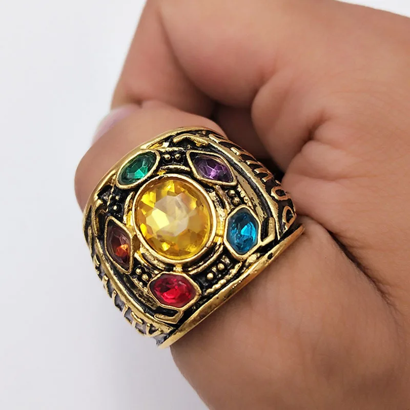 Bulk Stock Hot Marvel Avengers 3 Golden Infinity Golden Metal Gemstone Thanos Ring
