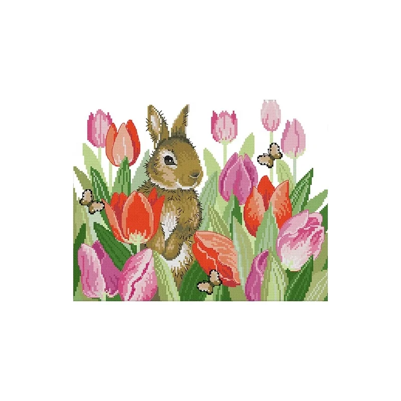 NKF The Rabbit In Tulips Needlework DIY Cross Stitch Sets For Embroidery Kits Precise Printed Patterns