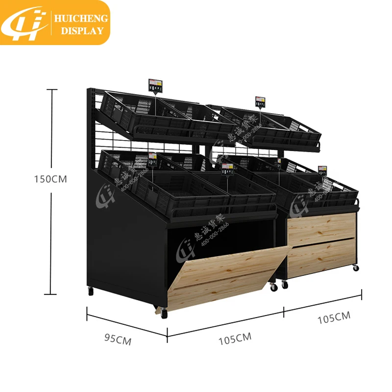 Customized Retail store wooden fruit vegetable display rack storage shelf with basket