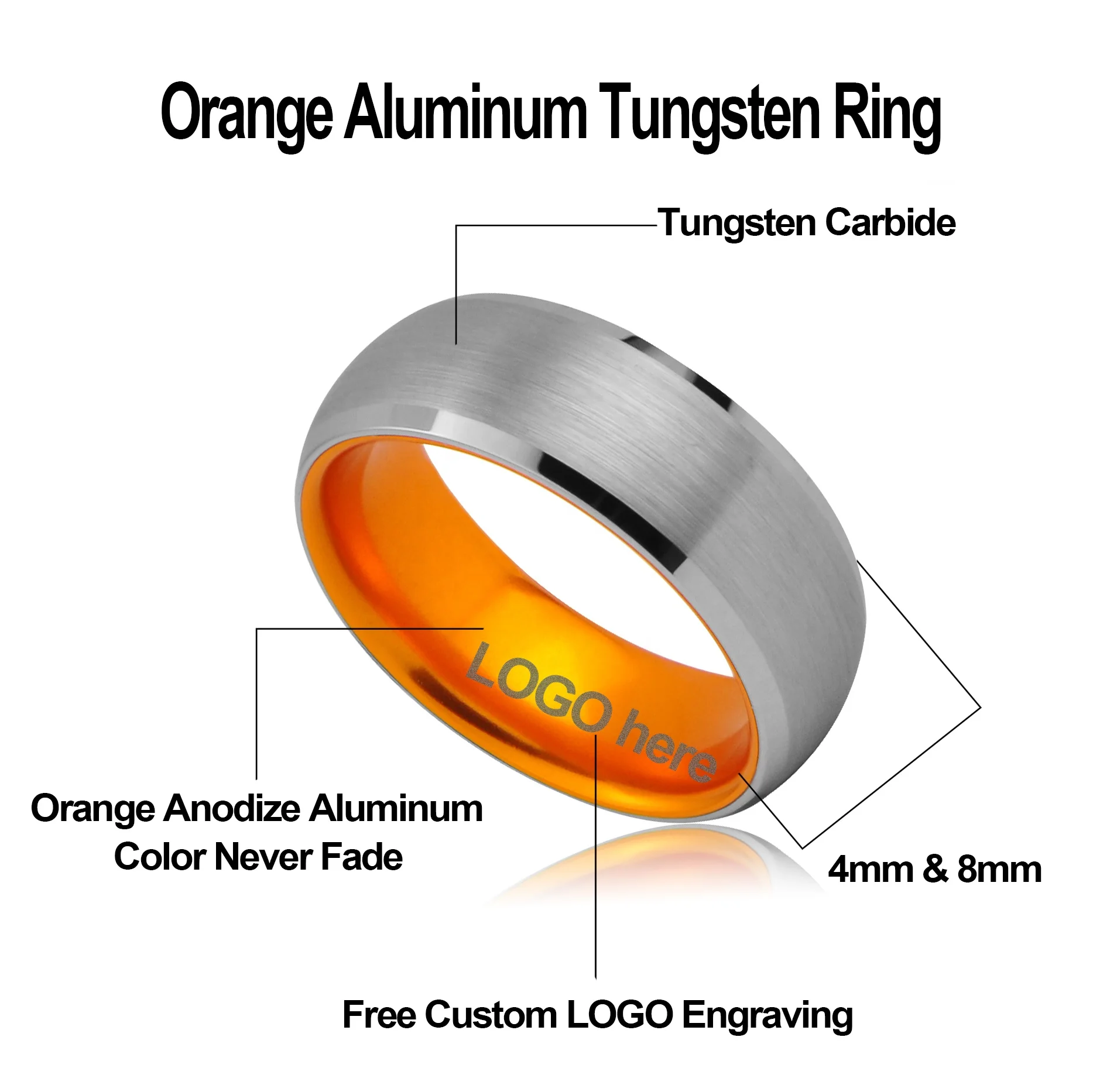 
Dome Brushed Orange Aluminium Tungsten Rings Jewelry 