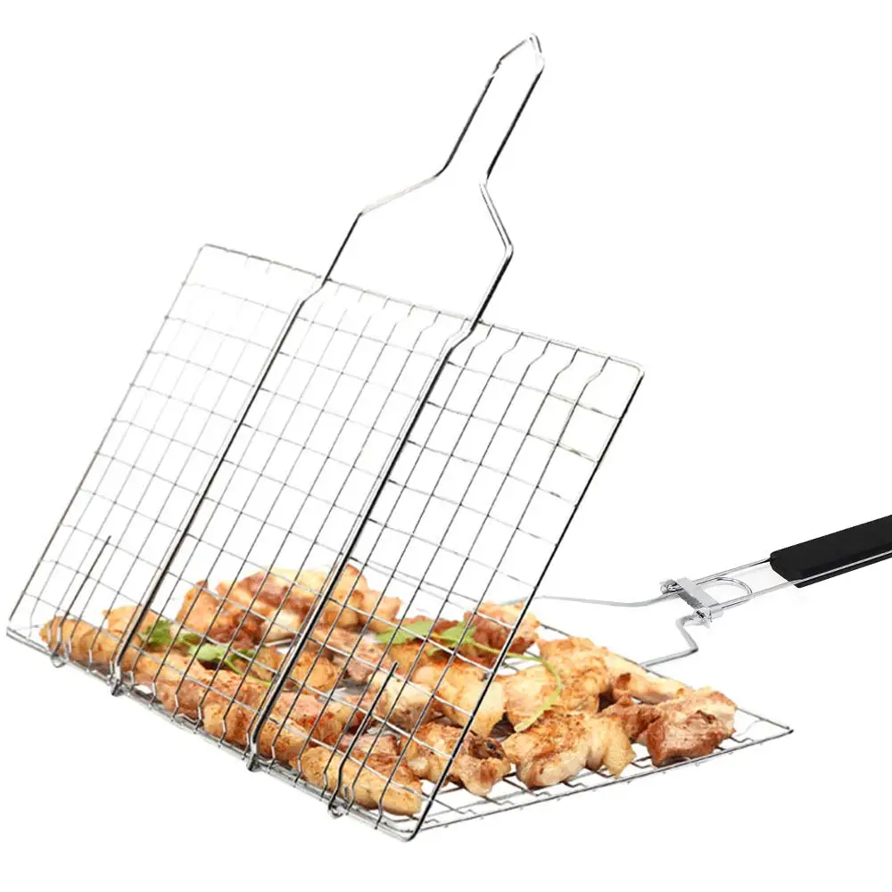 Portable Stainless Steel BBQ Grilling Basket with Wood Handle