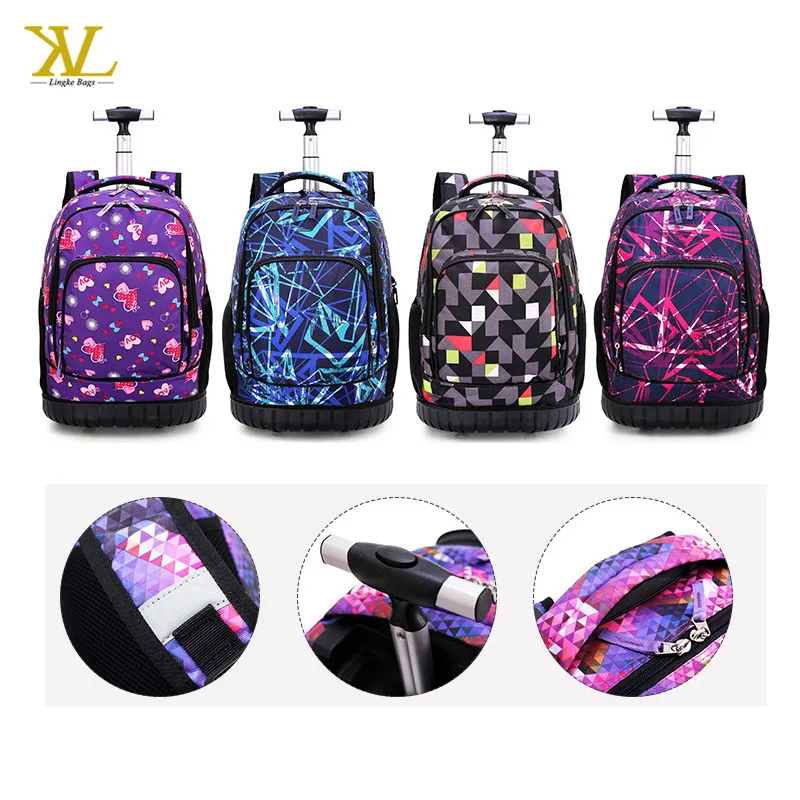 High Quality Durable Allover printed Trolley School Bag With  Single Aluminum , School Trolley Backpack