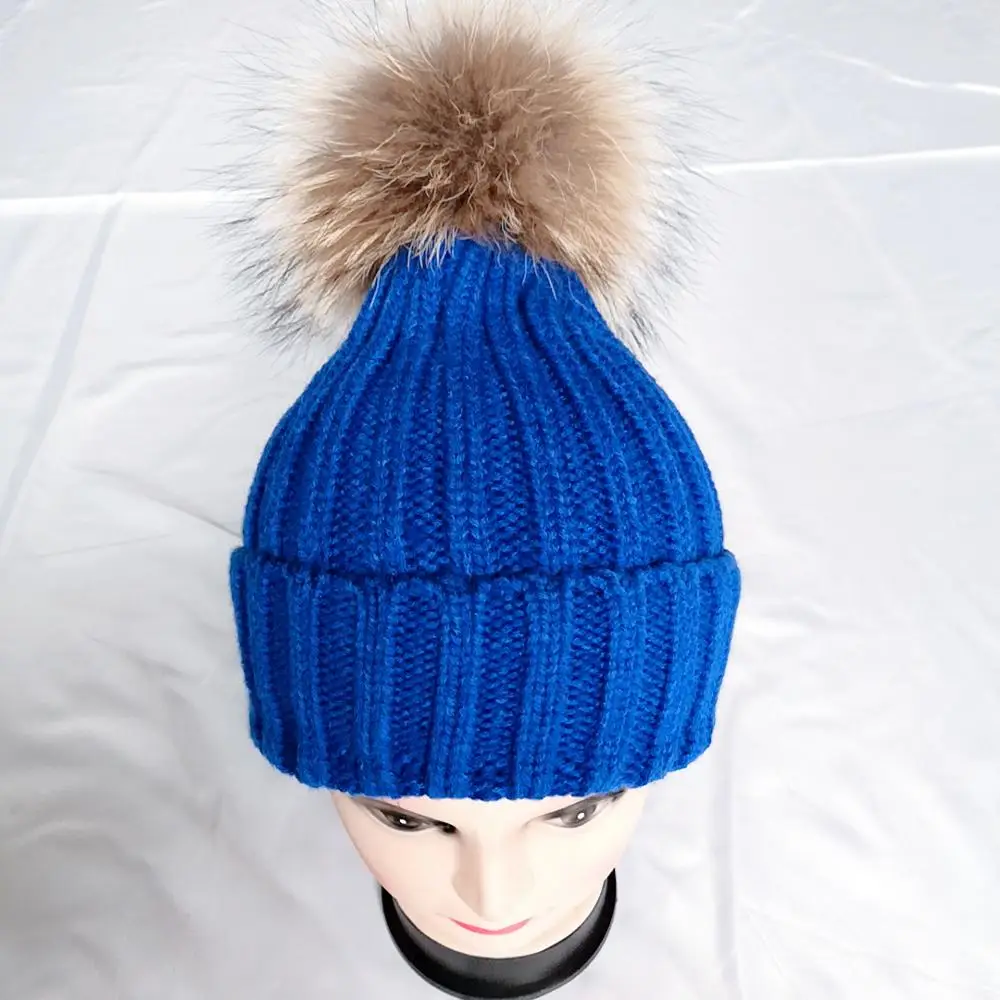 Hot sale kids knitted real mink fur bobble hat beanie hat