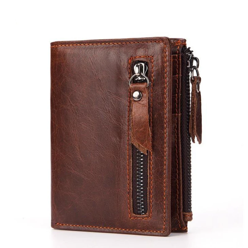 
Dreamtop DTE502 front zipper pocket brown leather wallet customized OEM vintage style short money wallet 