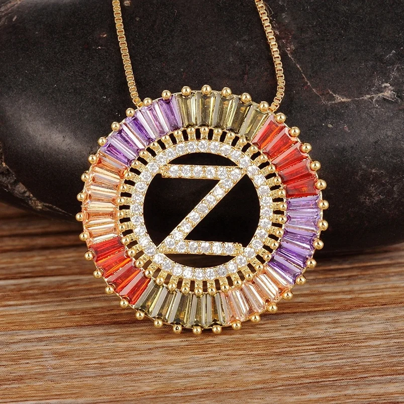 New Trendy Gold Micro Pave Rainbow Crystal Zirconia A-Z Initials Letter Pendant Necklaces For Women DIY Jewelry Accessories