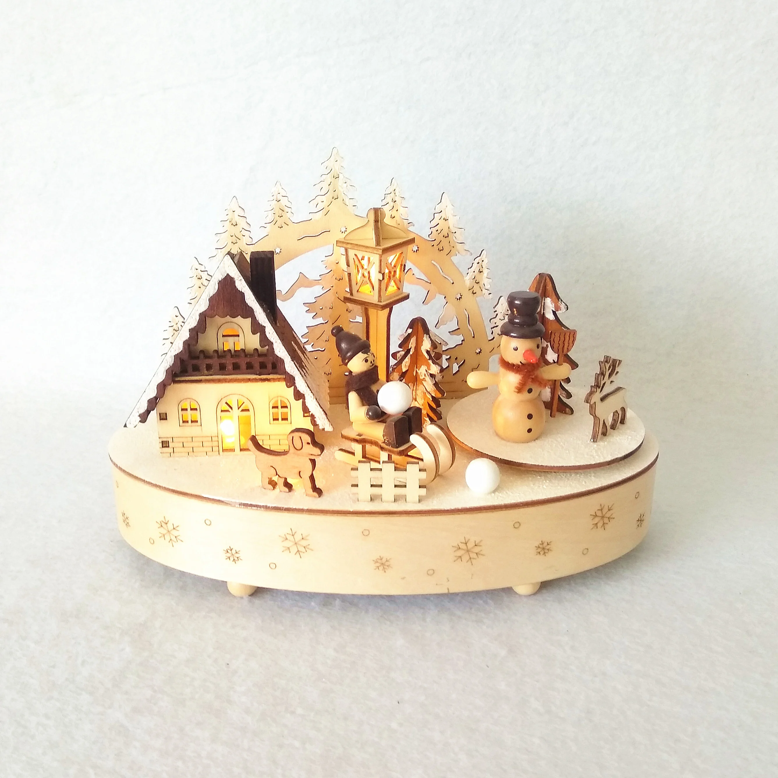 Hot sale festival wintervillage Christmas candle bridge light with rotating music box movements