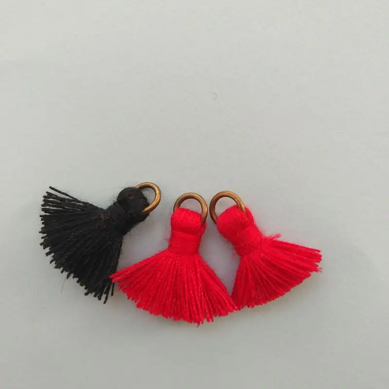 NANA high quality more than 700 colors 1.5cm mini cotton tassels with bronze ring for jewelry , tassel cotton