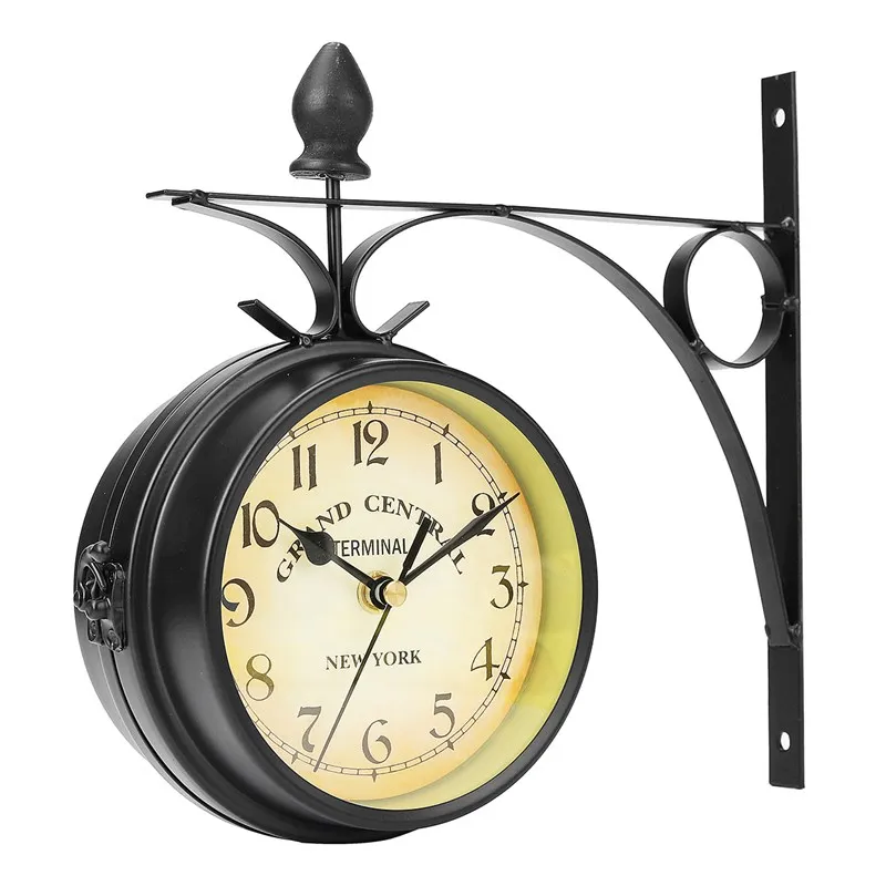 Garden Vintage Retro Home Decor Metal Frame Glass Dial Cover Charminer Double Sided Wall Mount Station Clock