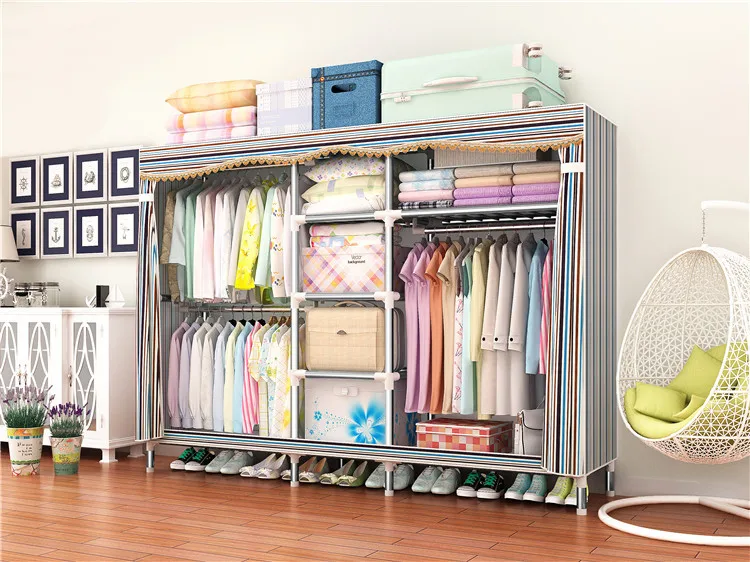
Modern fashion big size portable 25mm steel tube frame cloth wardrobe with colorful fabric 7766 