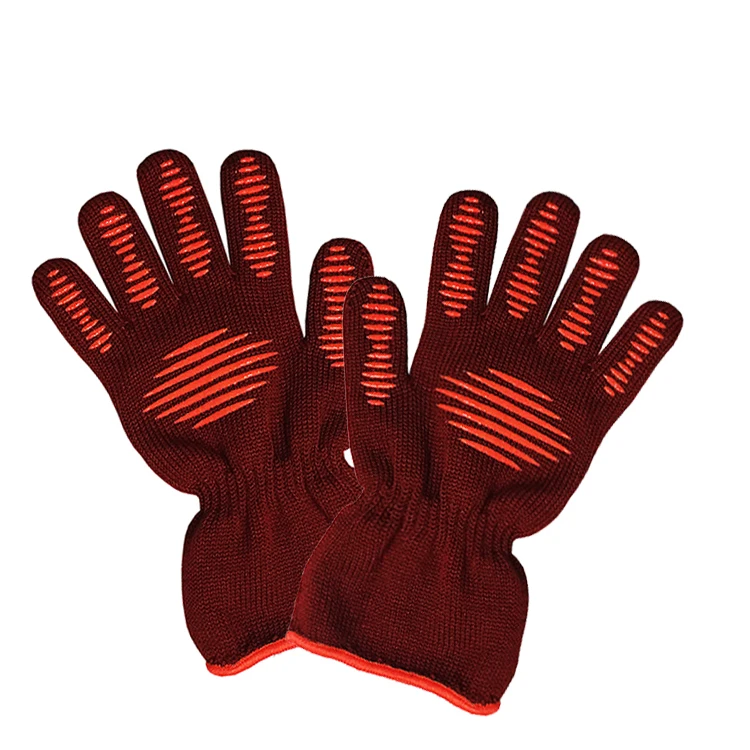 Anticut Heat Resistant BBQ Kitchen Oven Mitts Aramid Fiber Cotton Food grade Silicone Dotted Anti Slip Gloves