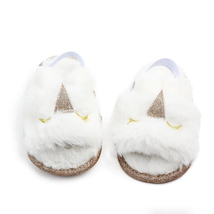 
New Baby Fur Sandals Fashion Kids Unicorn Cat Panda Slippers Infant First Walkers Newborn Walkers Shoes Kids Cute First Walkers 