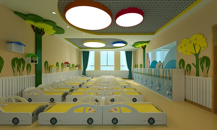 Field theme light blue wooden small class kindergarten kids bedroom room furniture beds