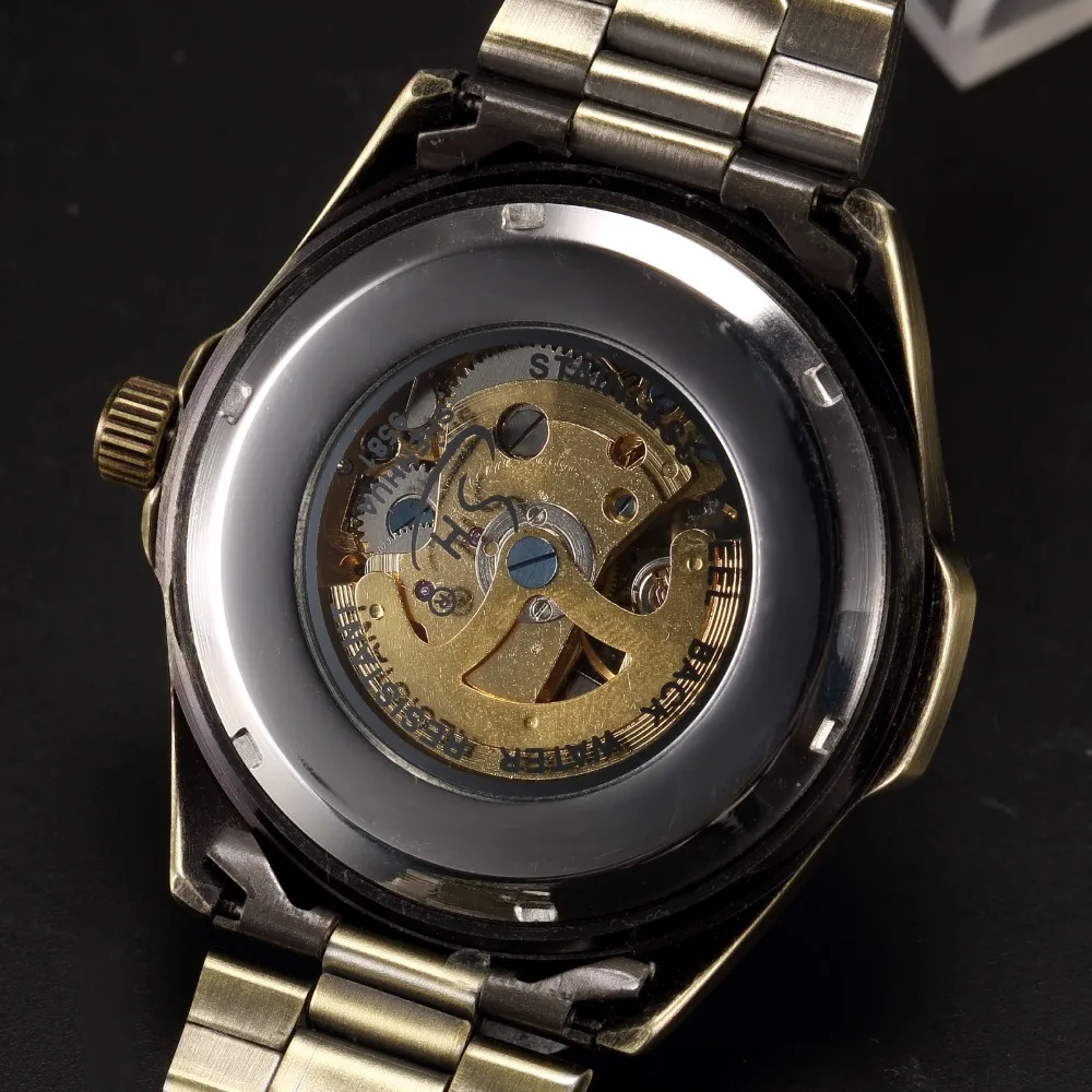 SHENHUA 13 Vintage Bronze Metal Mechanical Watch Men Skeleton Automatic Wrist Watches Luminous Hands Male Wristwatch