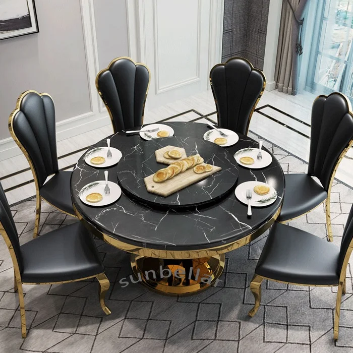Foshan furniture modern luxury dining table set marble top gold stainless steel round marble dining table with 6 chairs