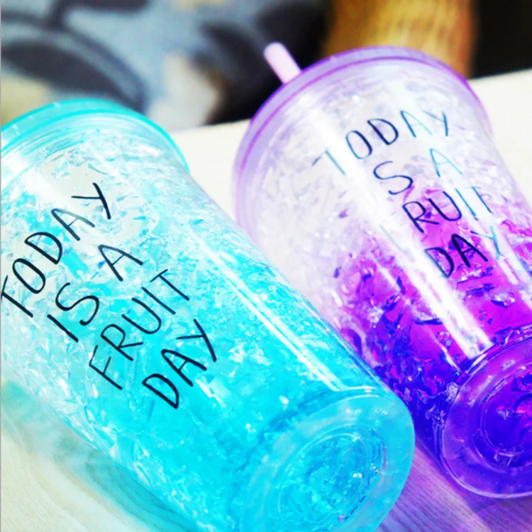 16oz Double Wall Mugs Gel Frosty Freezer Bottle Drinkware Beverages Ice Cold Plastic Tumbler Cup With Lid And Straws