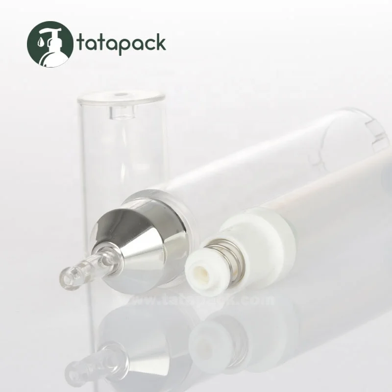 
Silver and Transparent PETG 10ml Airless Syringe Bottle for Cosmetic Packaging, Syringe Shaped Container with Foil Hot Stamping 