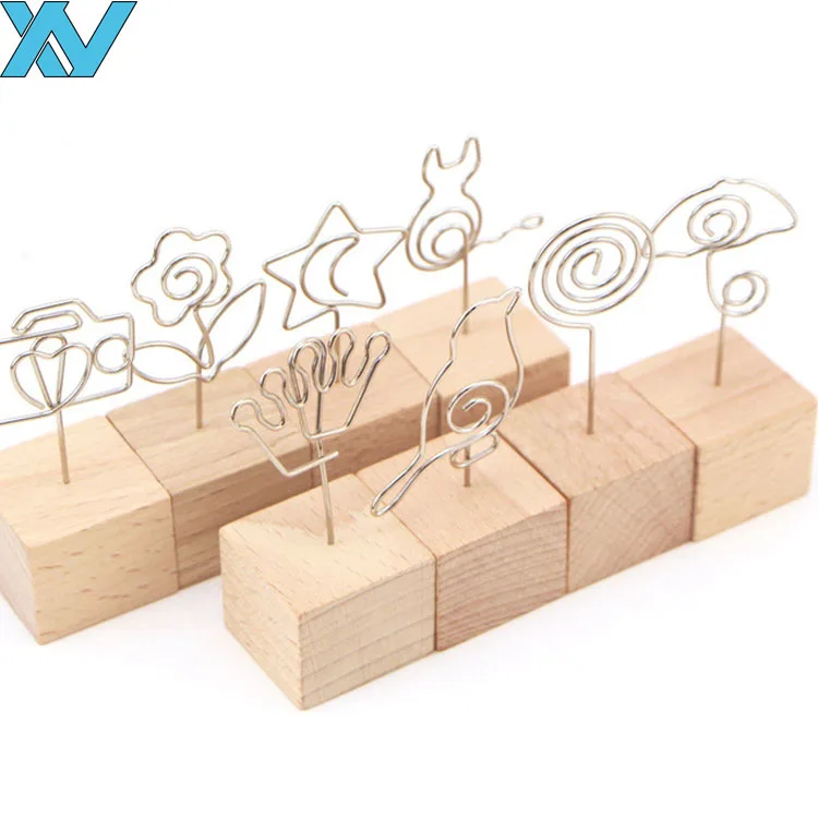 Desktop Metal Stainless Steel envelope Memo Clip Holder wooden base