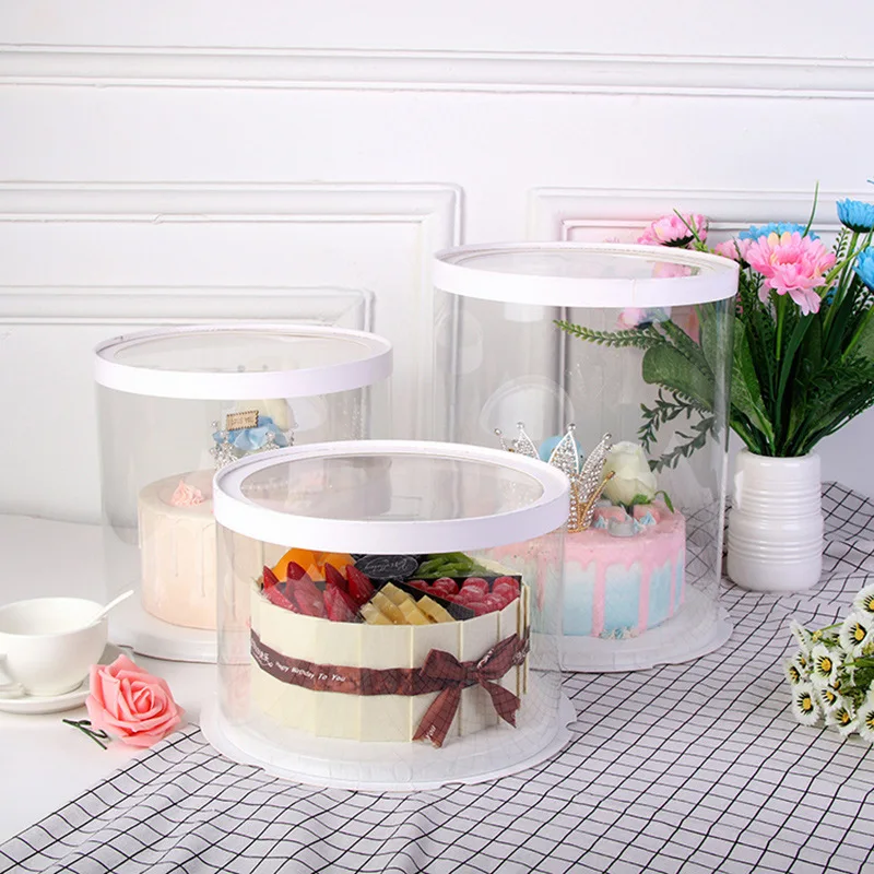 6 8 10 12 Inches Luxury PET Plastic Extra Tall White Black Cylinder Round Cake Box With Clear Lid