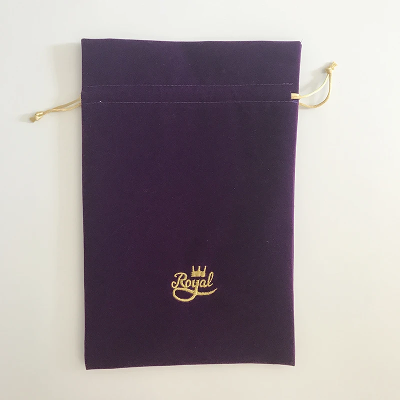 
Custom Embroidery Logo 20x30cm Purple drawstring velvet Gift Promotional Packaging Pouches bag with top ruffle 