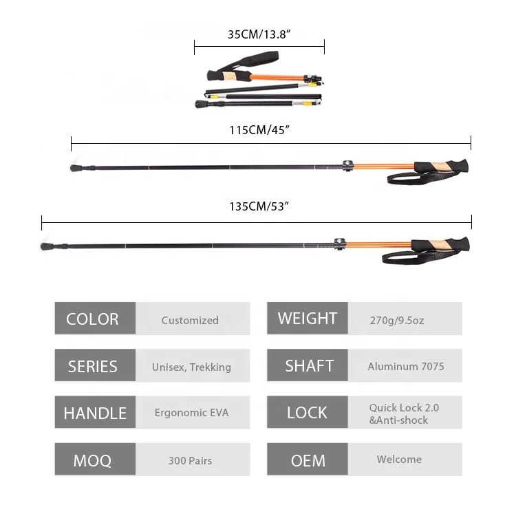 Anti Shock W-Folding Aluminum Fashionable Luxury Foldable Adjustable Nautical Hiking Pole With Quick Inner Lock
