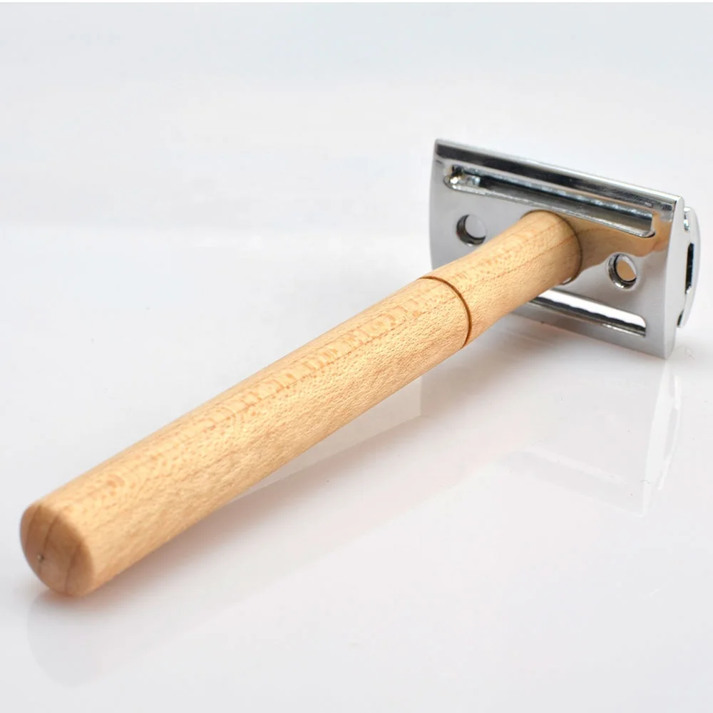 
mens high quality durable reusable eo-friendly double edge natural maple wood handle shaving safety razor 