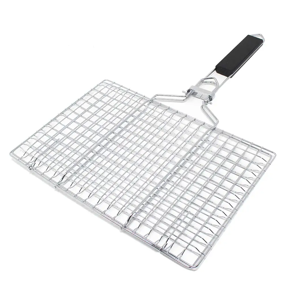 Portable Stainless Steel BBQ Grilling Basket with Wood Handle