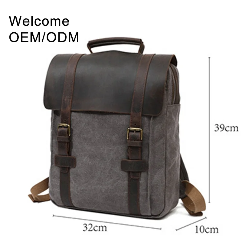 Waterproof retro vintage large capacity men business travelling real genuine leather bags mens bag waxed canvas backpack