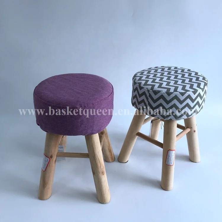 
Small linen cloth art sofa wood ottomans round shape stools for wholesale 