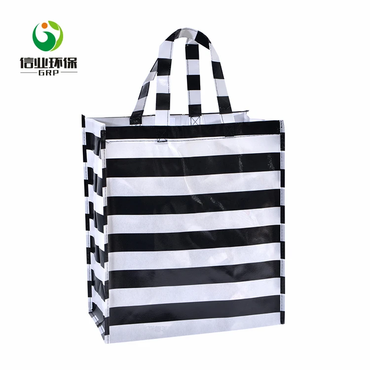 Новые водонепроницаемые черные полосы tote pp нетканые хозяйственная сумка