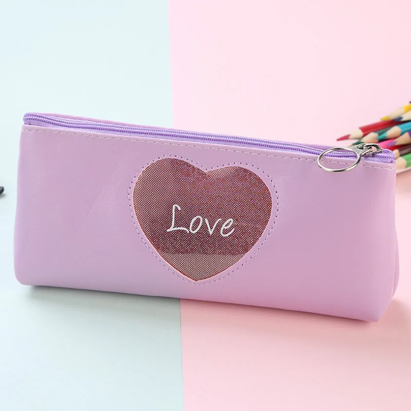 Рекламная Подарочная сумка из искусственной кожи с сердцем для девушек, вместительная косметичка, креативные школьные канцелярские принадлежности, пенал, лазерная ручка, сумка