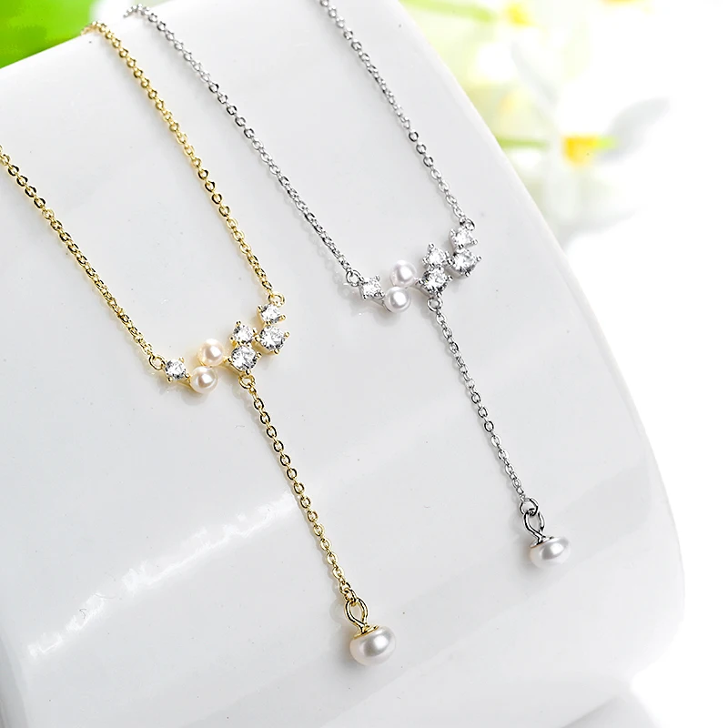 Ladies  Freshwater Pearls Gold Filled Sweet Y-Shaped Necklace Chain Jewelry 925 Sterling Silver Fashion Necklaces