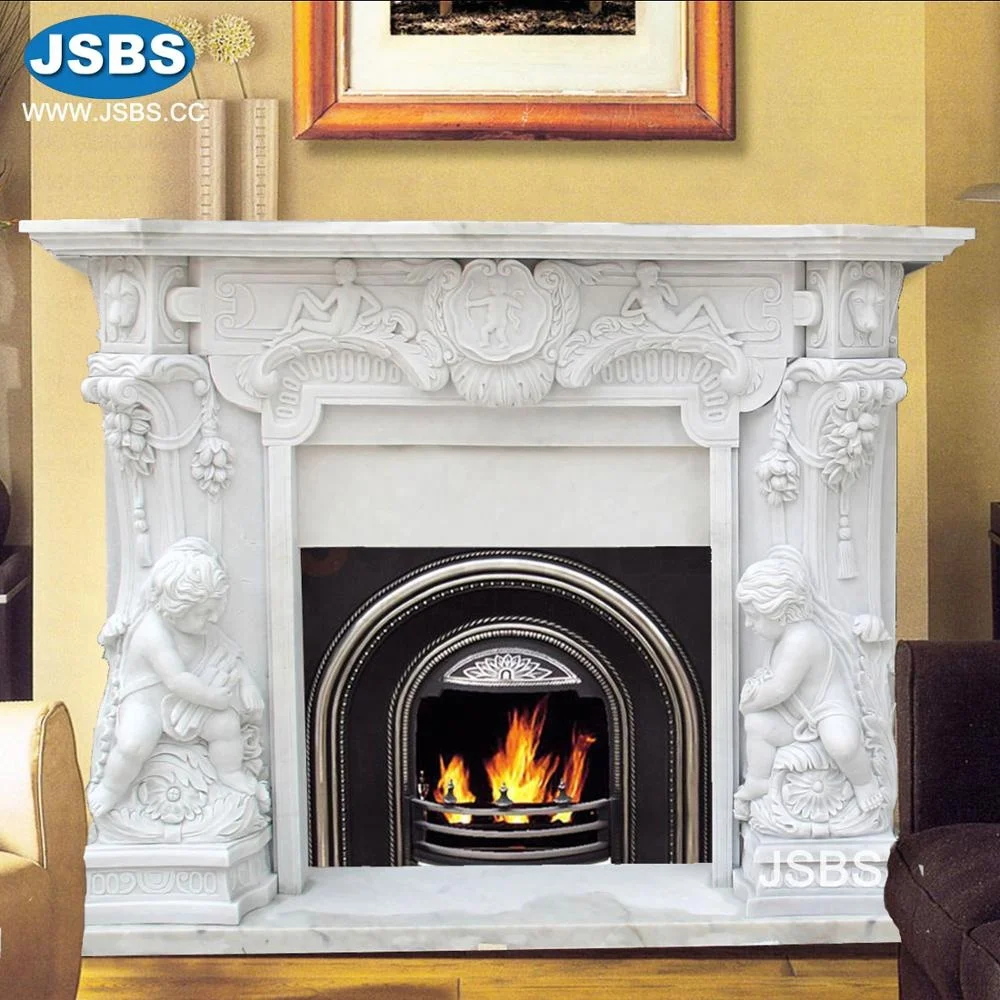 White Marble Arch Stone Fireplace Mantel Surrounding with Cherub