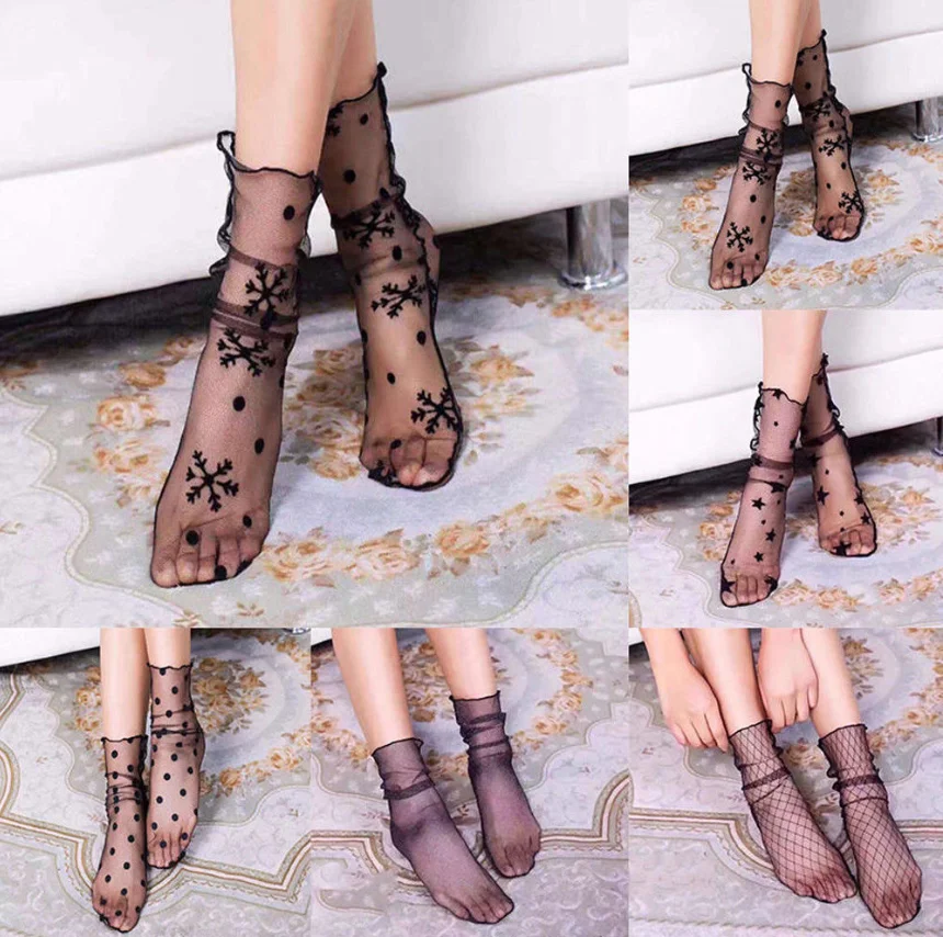 NEW Arrivals Women Lace Ruffle Black Ankle Socks Elastic Ultrathin Sheer Short Mesh Socks